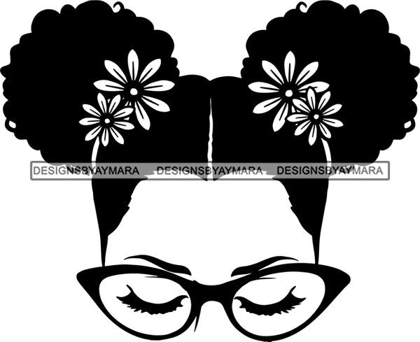 Afro Girl Babe Sexy Glasses Flowers Pigtails Hair Style B/W SVG Cutting Files For Silhouette Cricut