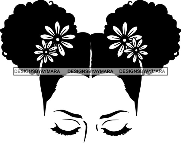Afro Girl Babe Sexy Flowers Pigtails Hair Style B/W SVG Cutting Files For Silhouette Cricut