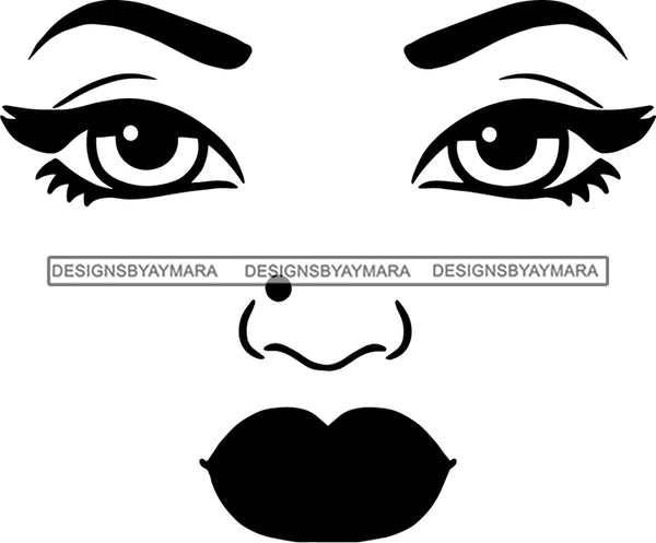 Afro Black Woman Face Outline Nose Piercing B/W SVG Cutting Files For Silhouette Cricut More