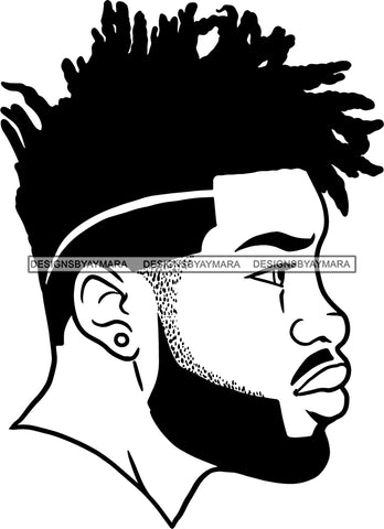 Afro Handsome Sexy Black Man Beard Model Fashion Male Guy Stylish Close-up Macho Earrings Manly Fade Hair Dreadlocks Cut B/W SVG Files For Cutting