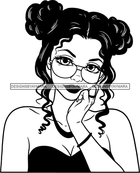 Afro Girl Babe Hoop Earrings Glasses Sexy Lips Bank Knots Hair Style B/W SVG Cutting Files For Silhouette Cricut