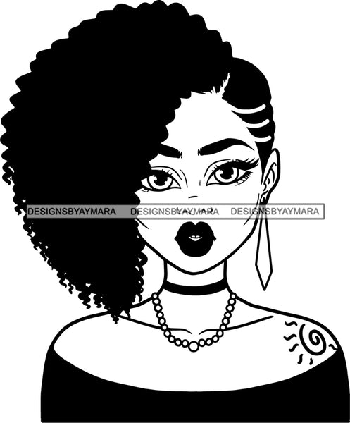 Afro Girl Babe Hoop Earrings Sexy Lips  Tattoo  Afro Cornrow Hair Style B/W SVG Cutting Files For Silhouette Cricut
