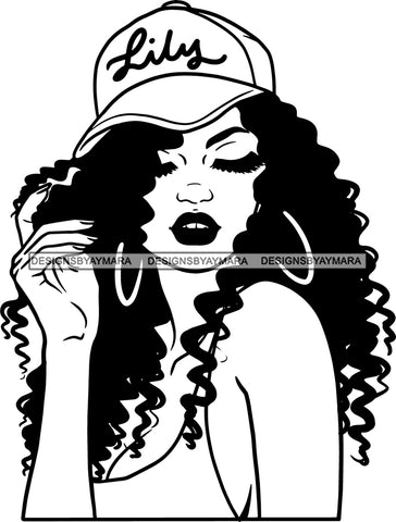 Afro Girl Babe Hoop Earrings Hat Sexy Lips Long Curly Hair Style B/W SVG Cutting Files For Silhouette Cricut