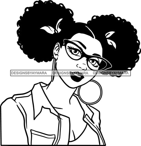 Afro Girl Babe Hoop Earrings Sexy Lips Pigtails Hair Style B/W SVG Cutting Files For Silhouette Cricut