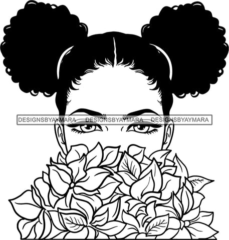 Afro Girl Babe Flowers Sexy Lips Pigtails Hair Style B/W SVG Cutting Files For Silhouette Cricut