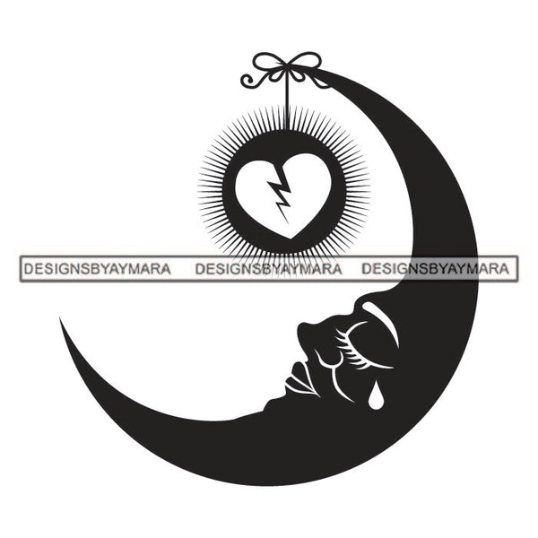 Broken Heart Moon Crying Pain Hurt Love Tattoos Ideas Elements Designs For T-Shirt and Other Products SVG PNG JPG Cutting Files For Silhouette Cricut and More!