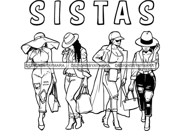 Black Women Together Best Friends Sistas Buddies Homies Hat Winter Outfits Melanin Nubian B/W SVG JPG PNG Vector Clipart Cricut Silhouette Cut Cutting