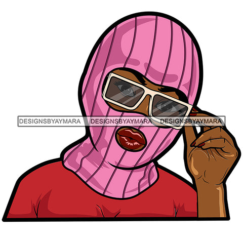 Afro Woman Wearing Pink Striped Ski Mask Winter Protection Glasses Face Mask SVG Cutting Files For Silhouette Cricut