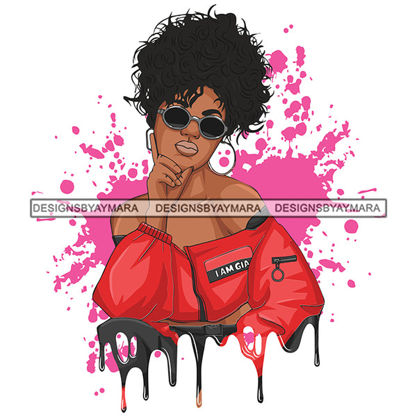 Afro Woman Splatter Background Dripping Bamboo Hoop Earrings Sunglasses Red Top Curly Up Do Hairstyle SVG Cutting Files For Silhouette Cricut