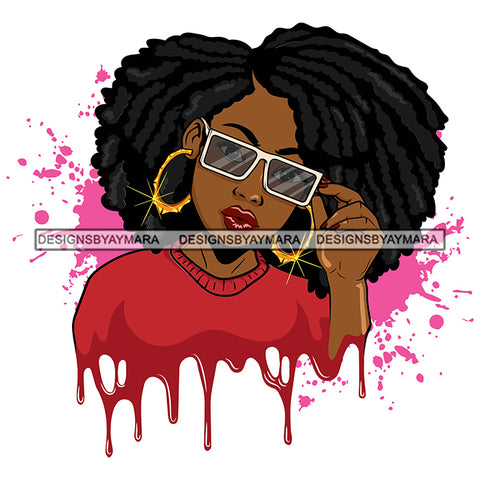 Afro Woman Pink Splatter Background Dripping Red Top Bamboo Hoop Earrings Sunglasses Afro Hairstyle SVG Cutting Files For Silhouette Cricut