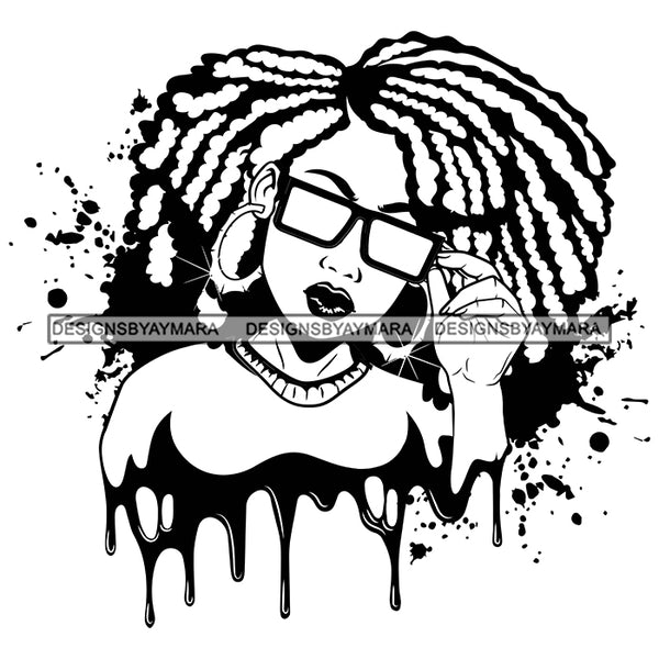 Afro Woman Splatter Background Dripping Bamboo Hoop Earrings Sunglasses Afro Hairstyle B/W SVG Cutting Files For Silhouette Cricut
