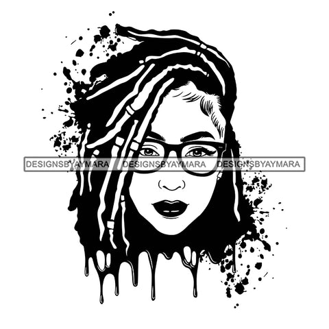 Afro Woman Splatter Background Dripping Bamboo Hoop Earrings Glasses Dreadlocks Hairstyle B/W SVG Cutting Files For Silhouette Cricut