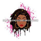 Afro Woman Pink Splatter Background Dripping Bamboo Hoop Earrings Dreadlocks Hairstyle B/W SVG Cutting Files For Silhouette Cricut