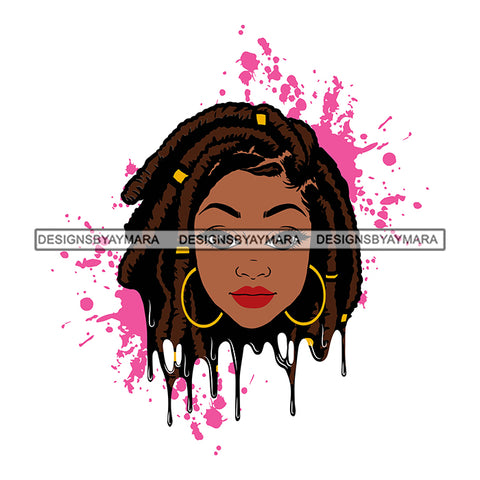 Afro Woman Pink Splatter Background Dripping Bamboo Hoop Earrings Dreadlocks Hairstyle B/W SVG Cutting Files For Silhouette Cricut