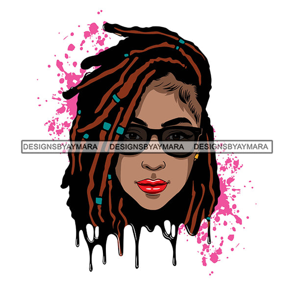 Afro Woman Pink Splatter Background Dripping Bamboo Hoop Earrings Sunglasses Dreadlocks Hairstyle SVG Cutting Files For Silhouette Cricut