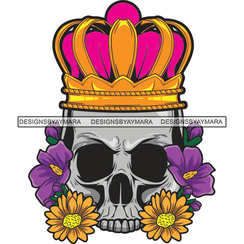 King Skull Head Skeleton Flowers Death Dead Tattoo Ideas Crown Vector Designs For T-Shirt and Other Products SVG PNG JPG Cut Files For Silhouette Cricut and More!