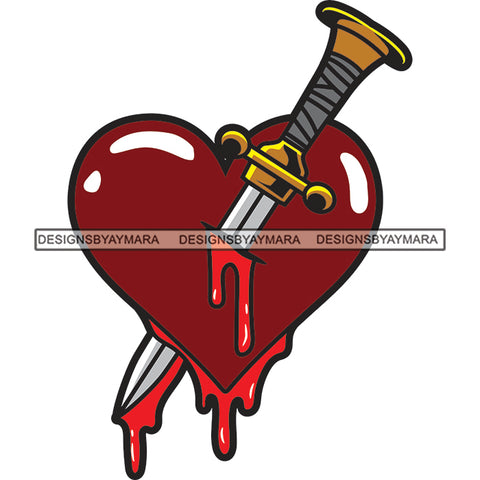 Broken Heart Knife Bleeding Blood Dripping Hurt Pain Tattoo Ideas Vector Designs For T-Shirt and Other Products SVG PNG JPG Cut Files For Silhouette Cricut and More!