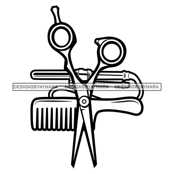 Beauty Hair Salon Tool Kit Set Logo Comb Scissors Clippers Accessories B/W SVG JPG PNG Vector Clipart Cricut Silhouette Cut Cutting