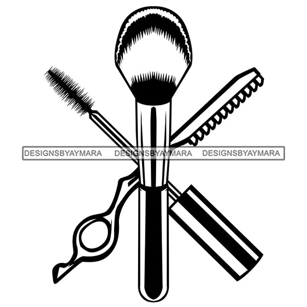 Beauty Hair Salon Tool Kit Set Logo Hair Clipper Powder Brush Mascara Make Up Accessories B/W SVG JPG PNG Vector Clipart Cricut Silhouette Cut Cutting