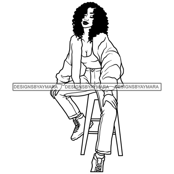 Fashion Afro Woman Jeans Outfit Sitting Melanin Morena Bella Afro Puff Kinky Hair Designs For T-Shirt and Other Products SVG PNG JPG Cutting Files For Silhouette Cricut and More!