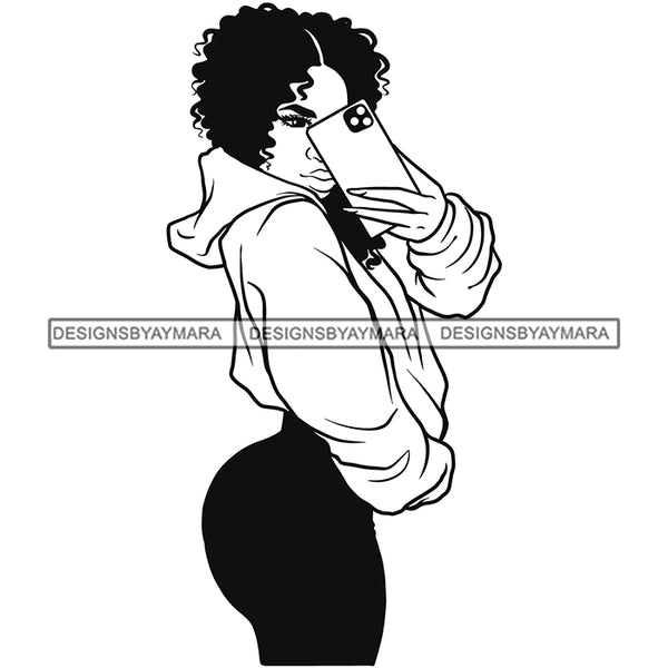 Sexy Afro Woman Taking Sideway Selfie Big Butt Curvy Sweater Melanin Morena Bella Afro Puff Kinky Hair Designs For T-Shirt and Other Products SVG PNG JPG Cutting Files For Silhouette Cricut and More!