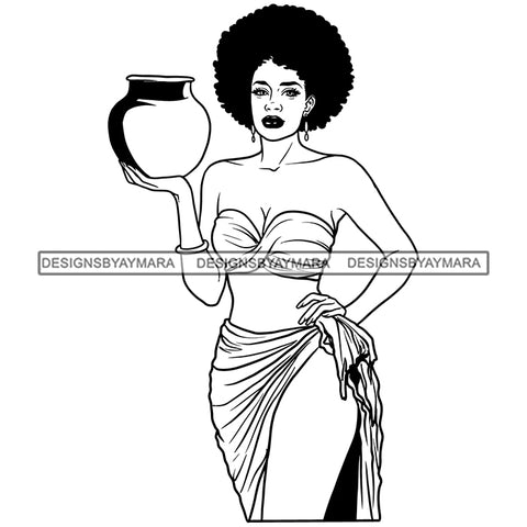 Sexy African Black Woman Caring Water Bucket Melanin Morena Bella Big Afro Puff Kinky Hair Designs For T-Shirt and Other Products SVG PNG JPG Cutting Files For Silhouette Cricut and More!