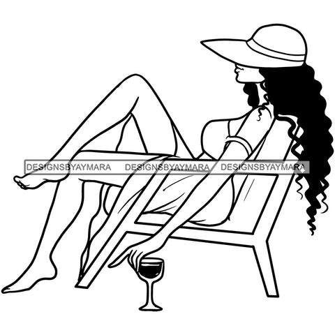 Woman Beach Chair Relaxing Drinking Sunbath Hat Melanin Morena Bella Big Afro Puff Kinky Hair Designs For T-Shirt and Other Products SVG PNG JPG Cutting Files For Silhouette Cricut and More!