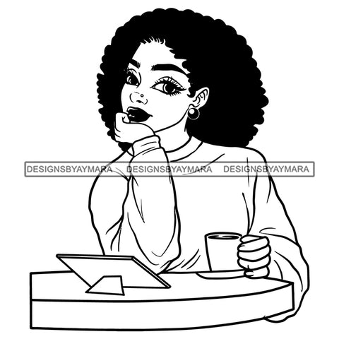 Pretty Afro Woman Drinking Coffee Tablet Melanin Morena Bella Big Afro Puff Kinky Hair Designs For T-Shirt and Other Products SVG PNG JPG Cutting Files For Silhouette Cricut and More!