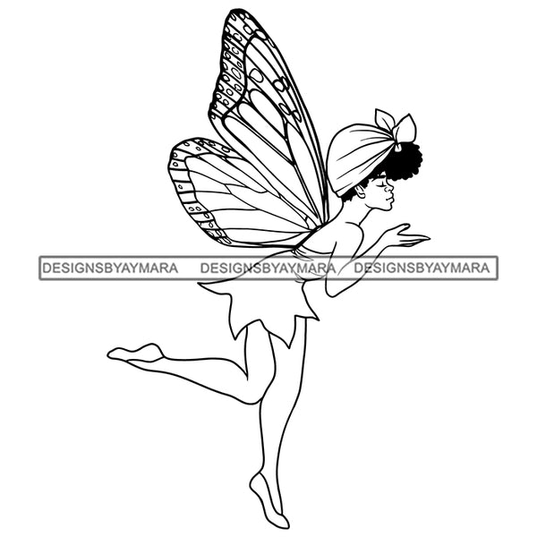 Black Fairy Butterfly Girl Wings Blowing Kisses Turban Afro Woman Melanin Morena Bella Big Afro Puff Kinky Hair Designs For T-Shirt and Other Products SVG PNG JPG Cutting Files For Silhouette Cricut and More!