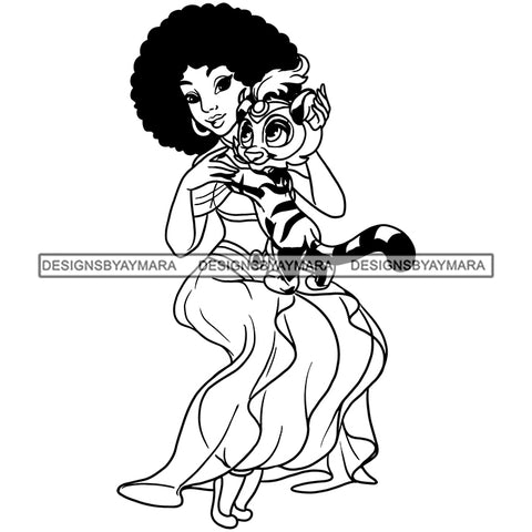 Black Princess Cute Little Tiger Afro Kinky Hair Cartoon Illustration Hero's Fantasy Animation Fairy Black Figure Designs For T-Shirt and Other Products SVG PNG JPG Cutting Files For Silhouette Cricut and More!