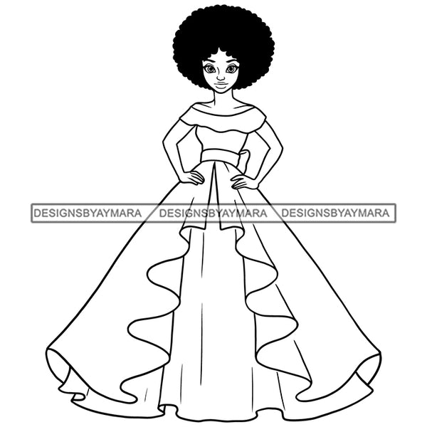 Black Princess Long Dress Afro Hairstyle Cartoon Illustration Hero's Fantasy Animation Fairy Black Figure Designs For T-Shirt and Other Products SVG PNG JPG Cutting Files For Silhouette Cricut and More!