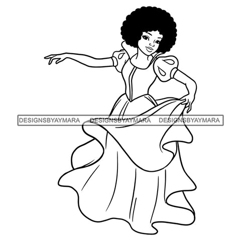 Black Princess Long Dress Afro Hairstyle Cartoon Illustration Hero's Fantasy Animation Fairy Black Figure Designs For T-Shirt and Other Products SVG PNG JPG Cutting Files For Silhouette Cricut and More!