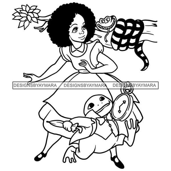 Black Princess Alice Wonderland Clock Animals Cartoon Illustration Hero's Fantasy Animation Fairy Black Figure Designs For T-Shirt and Other Products SVG PNG JPG Cutting Files For Silhouette Cricut and More!