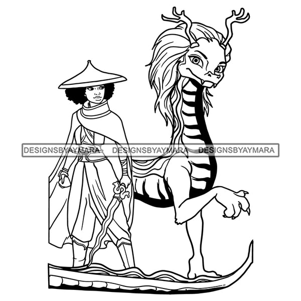 Black Princess Fighter Warrior Dragon Pet Cartoon Illustration Hero's Fantasy Animation Fairy Black Figure Designs For T-Shirt and Other Products SVG PNG JPG Cutting Files For Silhouette Cricut and More!