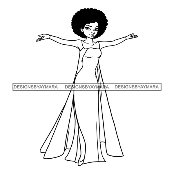 Black Princess Afro Kinky Hair Long Dress Cartoon Illustration Hero's Fantasy Animation Fairy Black Figure Designs For T-Shirt and Other Products SVG PNG JPG Cutting Files For Silhouette Cricut and More!