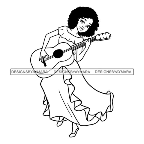 Black Princess Playing Guitar Afro Kinky Hair Cartoon Illustration Hero's Fantasy Animation Fairy Black Figure Designs For T-Shirt and Other Products SVG PNG JPG Cutting Files For Silhouette Cricut and More!