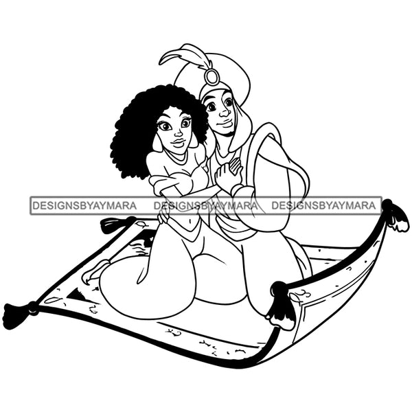 Black Princess Prince Black Aladdin Carpet Flying Cartoon Illustration Hero's Fantasy Animation Fairy Black Figure Designs For T-Shirt and Other Products SVG PNG JPG Cutting Files For Silhouette Cricut and More!