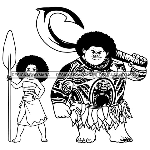 Black Moana Princess Arrow Big Man Tattoo Hawaii Afro Hairstyle Cartoon Illustration Hero's Fantasy Animation Fairy Black Figure Designs For T-Shirt and Other Products SVG PNG JPG Cutting Files For Silhouette Cricut and More!