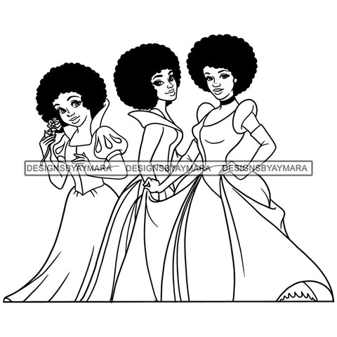 Black Princess Princesses Long Dress Afro Hairstyle Cartoon Illustration Hero's Fantasy Animation Fairy Black Figure Designs For T-Shirt and Other Products SVG PNG JPG Cutting Files For Silhouette Cricut and More!