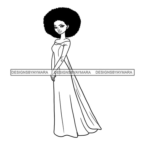 Black Princess Long Dress Afro Hairstyle Cartoon Illustration Hero's Fantasy Animation Fairy Black Figure Designs For T-Shirt and Other Products SVG PNG JPG Cutting Files For Silhouette Cricut and More!