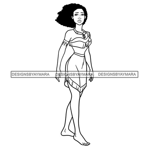 Black Princess Pocahontas Afro Hairstyle Cartoon Illustration Hero's Fantasy Animation Fairy Black Figure Designs For T-Shirt and Other Products SVG PNG JPG Cutting Files For Silhouette Cricut and More!