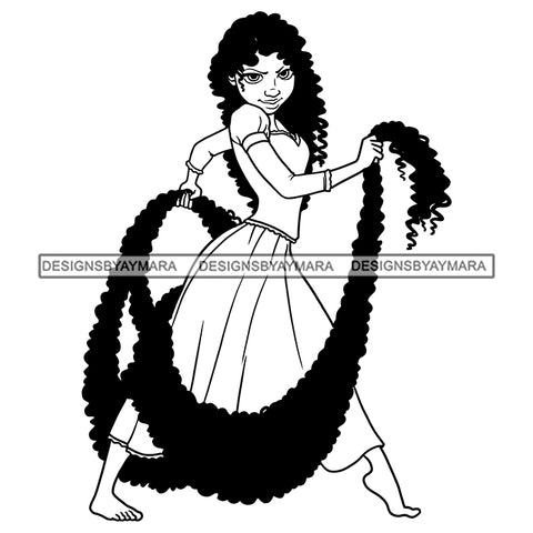 Black Princess Black Rapunzel Long Hair Curly Hairstyle Cartoon Illustration Hero's Fantasy Animation Fairy Black Figure Designs For T-Shirt and Other Products SVG PNG JPG Cutting Files For Silhouette Cricut and More!