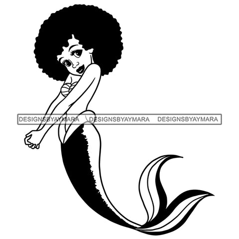 Black Princess Mermaid Tail Afro Hairstyle Cartoon Illustration Hero's Fantasy Animation Fairy Black Figure Designs For T-Shirt and Other Products SVG PNG JPG Cutting Files For Silhouette Cricut and More!