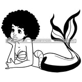 Black Princess Mermaid Long Tail Afro Hairstyle Cartoon Illustration Hero's Fantasy Animation Fairy Black Figure Designs For T-Shirt and Other Products SVG PNG JPG Cutting Files For Silhouette Cricut and More!