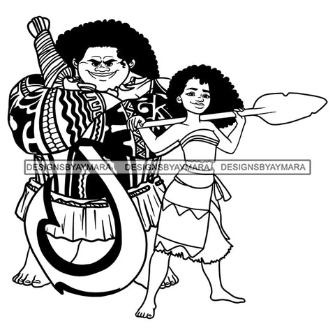 Black Moana Princess Arrow Big Man Tattoo Hawaii Afro Hairstyle Cartoon Illustration Hero's Fantasy Animation Fairy Black Figure Designs For T-Shirt and Other Products SVG PNG JPG Cutting Files For Silhouette Cricut and More!