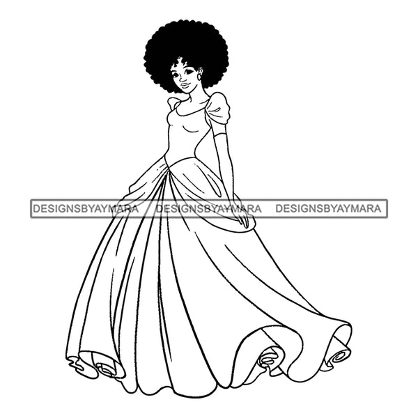 Black Princess Long Dress Afro Hairstyle Cartoon Illustration Hero's Fantasy Animation Fairy Black Figure Designs For T-Shirt and Other Products SVG PNG JPG Cutting Files For Silhouette Cricut and More!