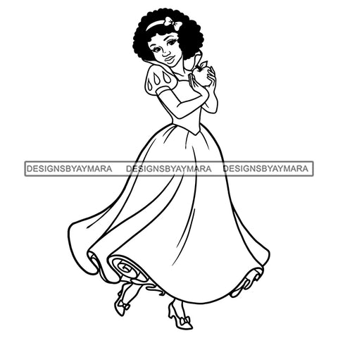 Black Princess Long Dress Afro Hairstyle Cartoon Illustration Hero's Fantasy Animation Fairy Black Figure Designs For T-Shirt and Other Products SVG PNG JPG Cutting Files For Silhouette Cricut and More!