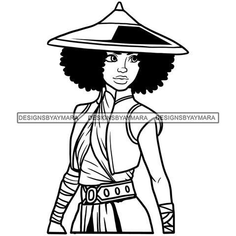 Black Princess Raya Chinese Hat Warrior Fighter Afro Hairstyle Cartoon Illustration Hero's Fantasy Animation Fairy Black Figure Designs For T-Shirt and Other Products SVG PNG JPG Cutting Files For Silhouette Cricut and More!