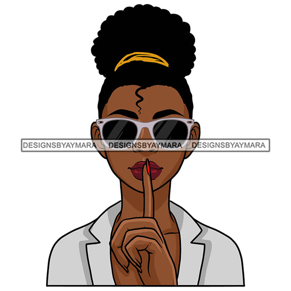 Afro Puff Kinky Hair Ponytails Hand In Mouth Quiet Woman Sunglasses Melanin Morena Bella Afro Designs For T-Shirt and Other Products SVG PNG JPG Cutting Files For Silhouette Cricut and More!