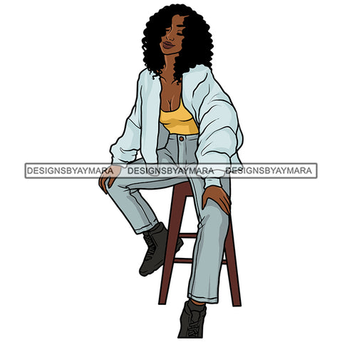 Fashion Afro Woman Jeans Outfit Sitting Melanin Morena Bella Afro Puff Kinky Hair Designs For T-Shirt and Other Products SVG PNG JPG Cutting Files For Silhouette Cricut and More!